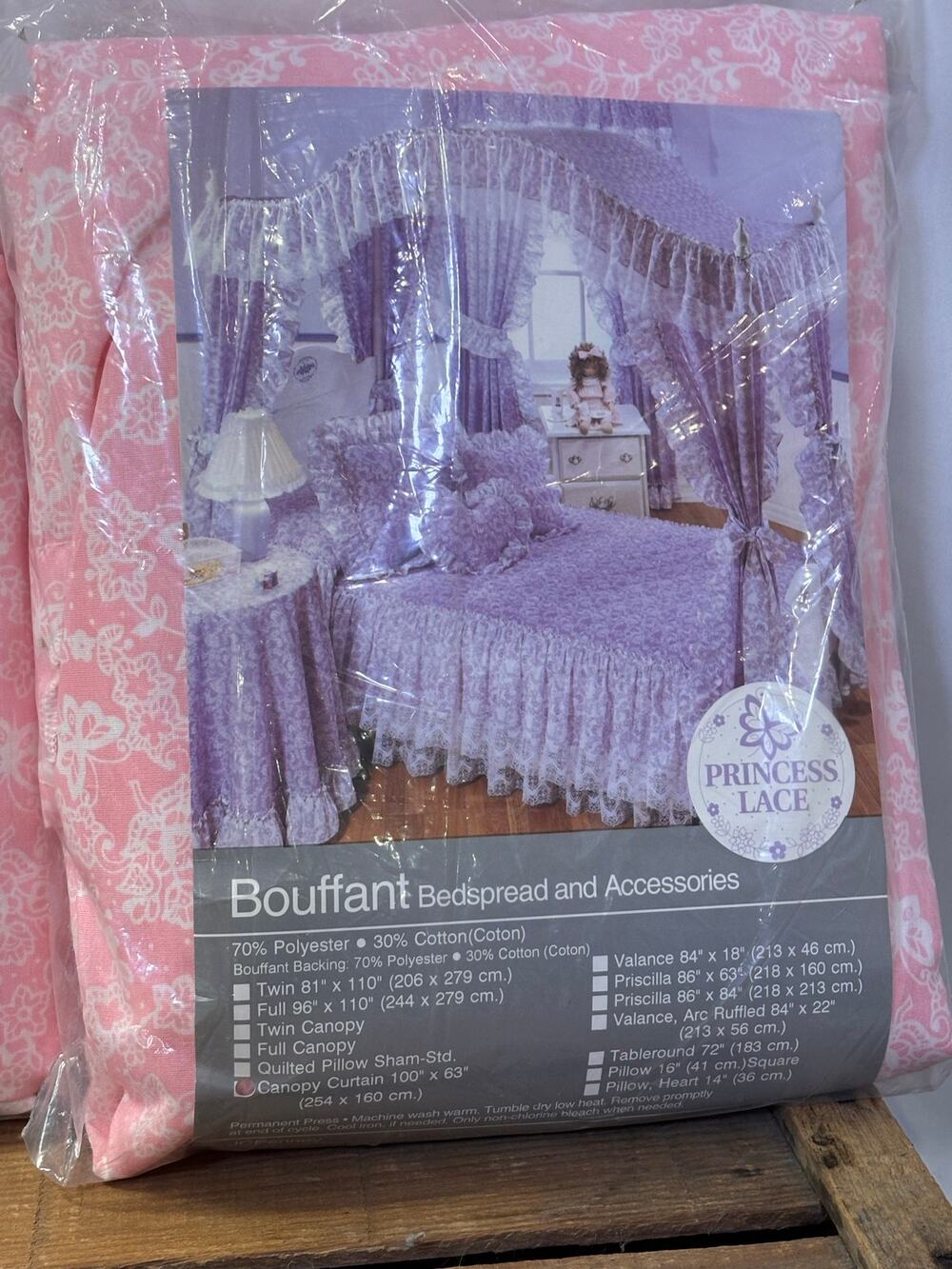 Vintage Set Full Bed Canopy and 2 Bed Curtain Panels Pink Princess Lace/Bouffant